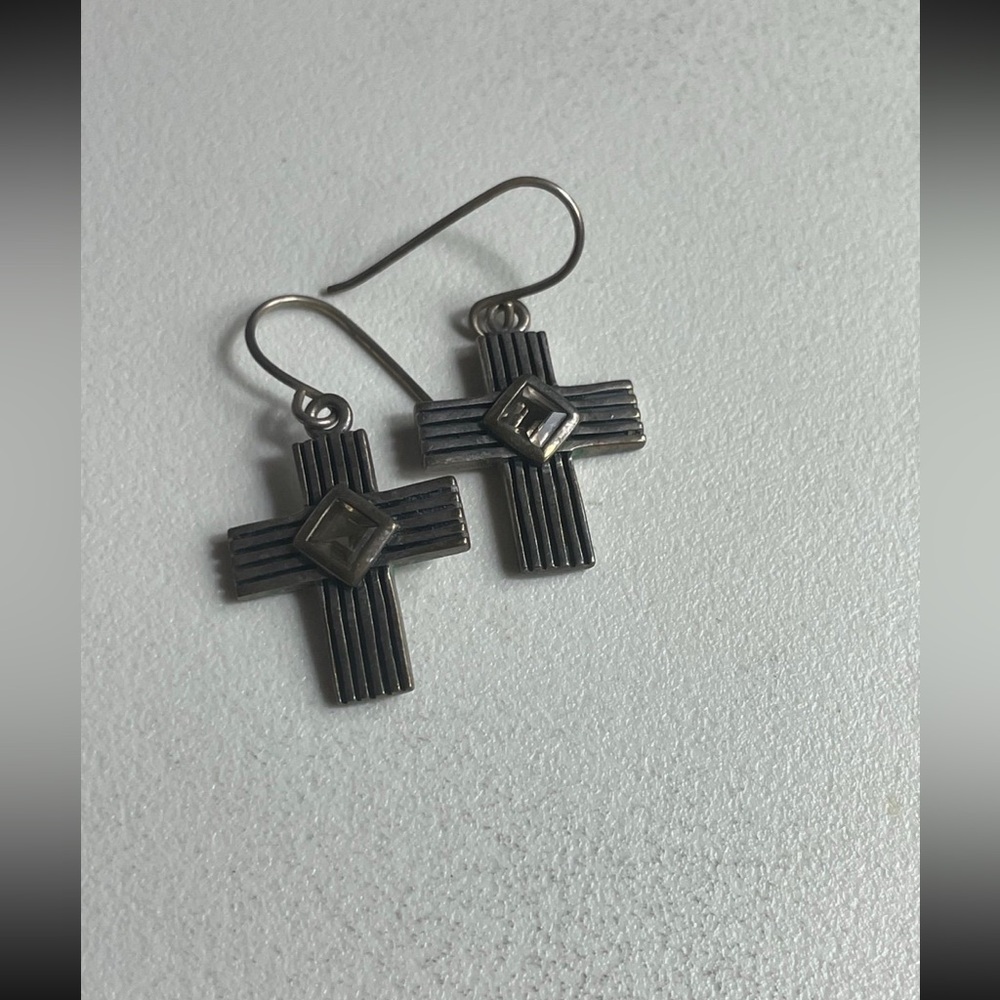 Silver Cross Earrings with center Gem
